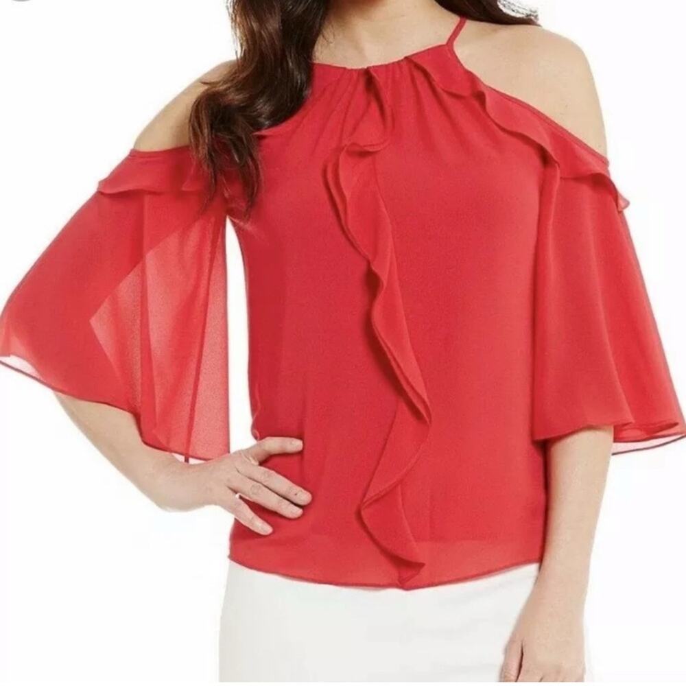 NWT Badgley Mischka Red Cold Shoulder cutout Ruffle bell sleeve Blouse Sz 6 1A